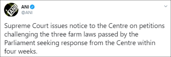 SC issues notice to the Centre on petitions challenging the three farm laws 