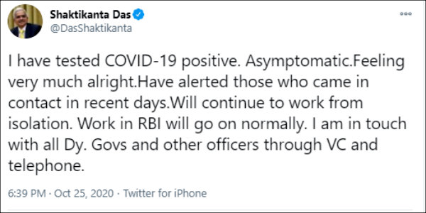 RBI Governor Shaktikanta Das tests positive for coronavirus 