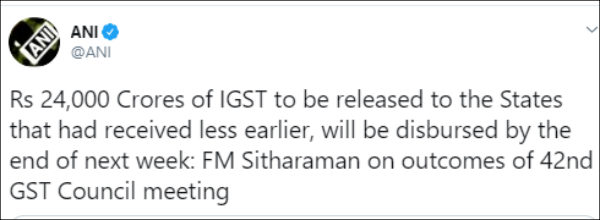 Compensation cess of Rs 20,000 crore to be distributed to states tonight: Nirmala Sitharaman Compensation cess of Rs 20,000 crore to be distributed to states tonight: Nirmala Sitharaman