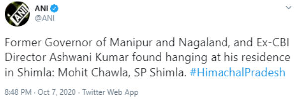 Former Nagaland governor, ex-CBI director Ashwani Kumar found hanging at his Shimla residence Former Nagaland governor, ex-CBI director Ashwani Kumar found hanging at his Shimla residence
