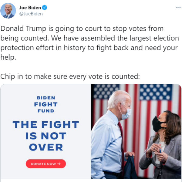  Donald Trump is going to court to stop votes from being counted, says Joe Biden 