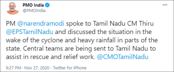 Rs 2 lakh each to the families of the victims of the Nivar storm - PM Modi relief Rs 2 lakh each to the families of the victims of the Nivar storm - PM Modi relief