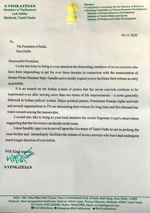 S. Ventation letter to Indian President for 7 Perarivalan release 
