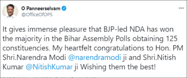 O.Pannerselvam greets PM Modi on Bihar election win 