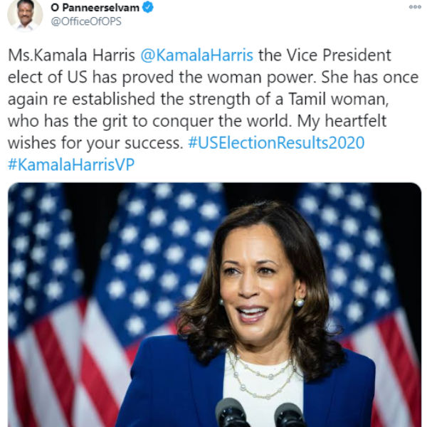 O Paneerselvam wishes Kamala Harris the Vice President elect of US has proved the woman power 