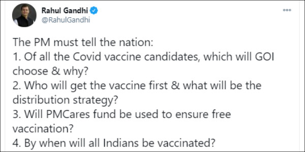 Will PMCares fund be used to ensure free vaccination asks Rahulgandhi 