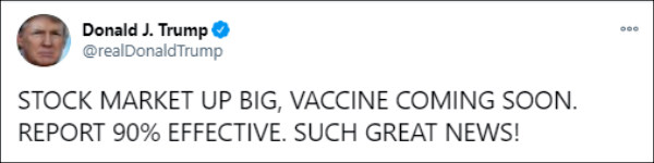 Great News, Says Trump On Pfizer Coronavirus Vaccine Result 