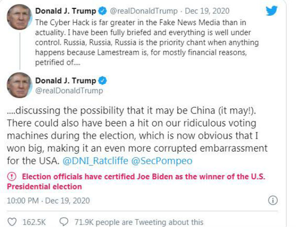 Twitter is now declaring Biden as election winner - on Trumps own tweets about fraud 