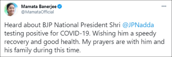 Mamtha wishing, JP Nadda speedy recovery and good health 