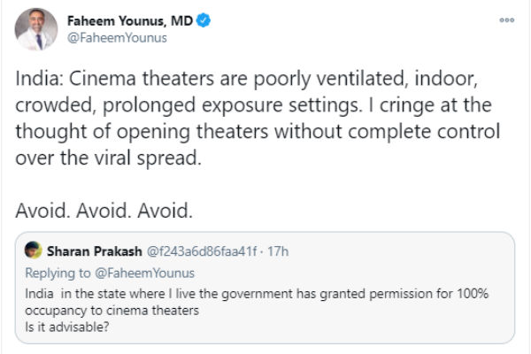 Coronavirus: US Expert Faheem Younus warns over Opening of Theatres in India Coronavirus: US Expert Faheem Younus warns over Opening of Theatres in India