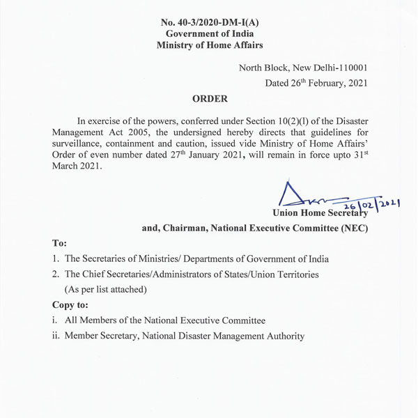 MHA announces to extend lockdown upto March 31,2021 