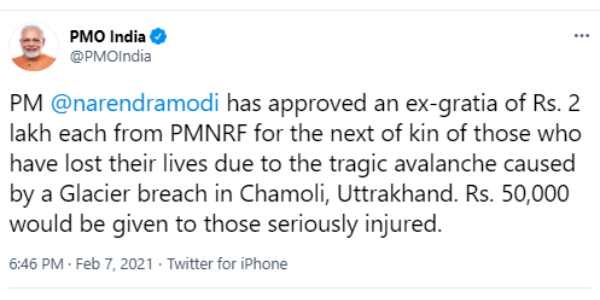 PM Modi announces Rs 2 lakh ex-gratia each to kin of deceased Uttarakhand glacier burst 