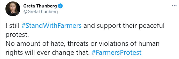  I still Stand With Farmers and support peaceful protest, Greta Thunberg 