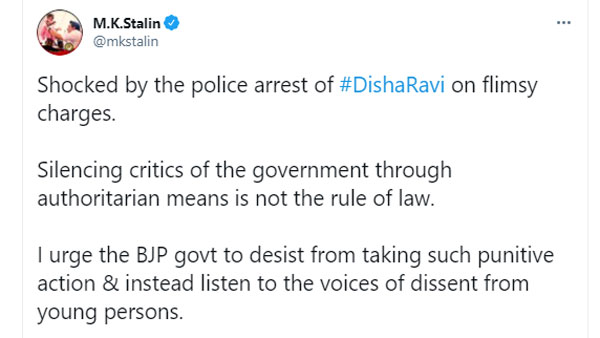 MK Stalin says he was shocked by the police arrest of Disha Ravi on flimsy charges MK Stalin says he was shocked by the police arrest of Disha Ravi on flimsy charges