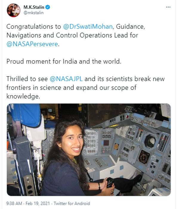 DMK leader MK Stalin greets to Indian-origin Scientist Dr Swati Mohan 
