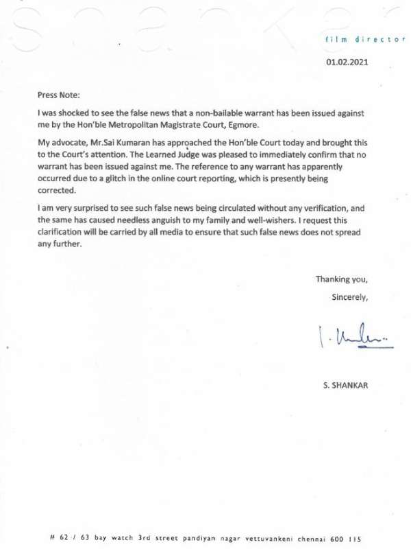 Director shankar explains there is no non bailable warrant issue 