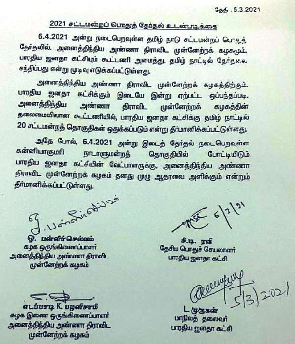 The BJP has been allotted 20 seats in the AIADMK alliance 