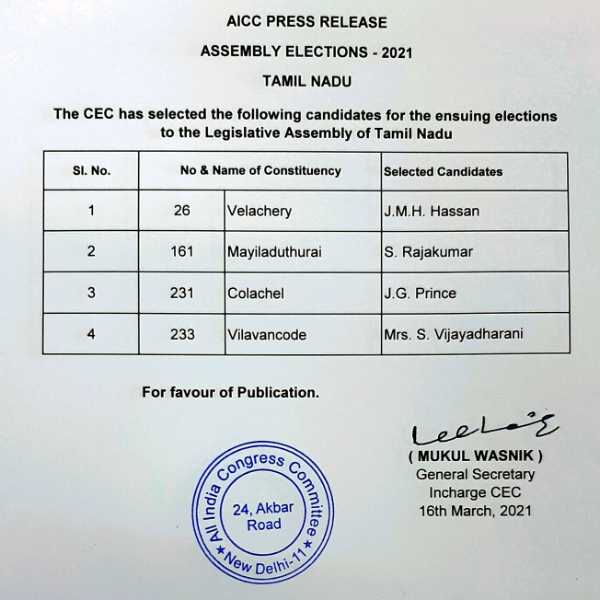 Vijayatharani has been given a seat in Vilavankodu constituency amid various protests 