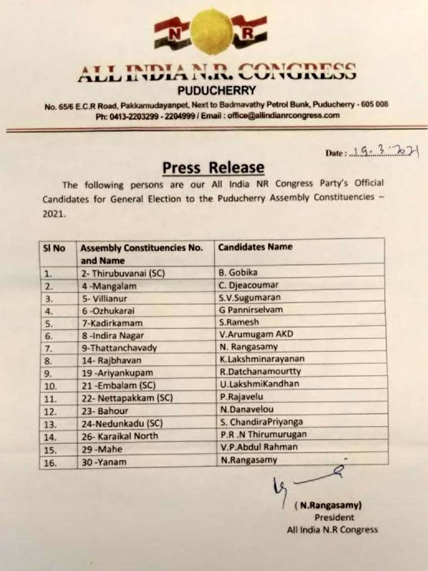 Release of NR Congress Candidate List 
