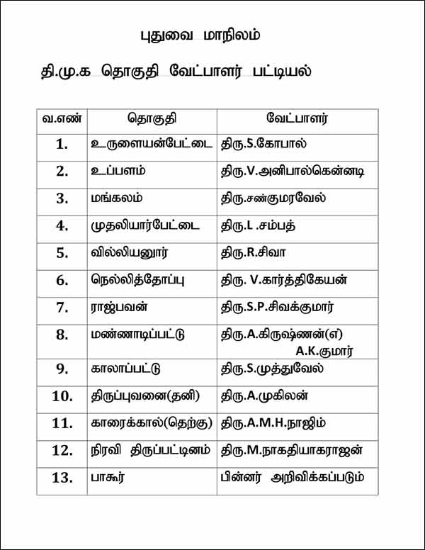 DMK announces 12 candidates for Puducherry Assembly Election