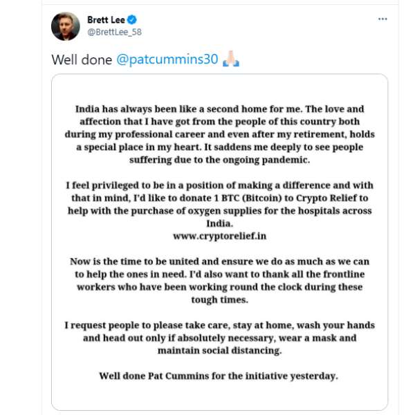 Brett Lee donates 1 bitcoin to India to buy Oxygen 