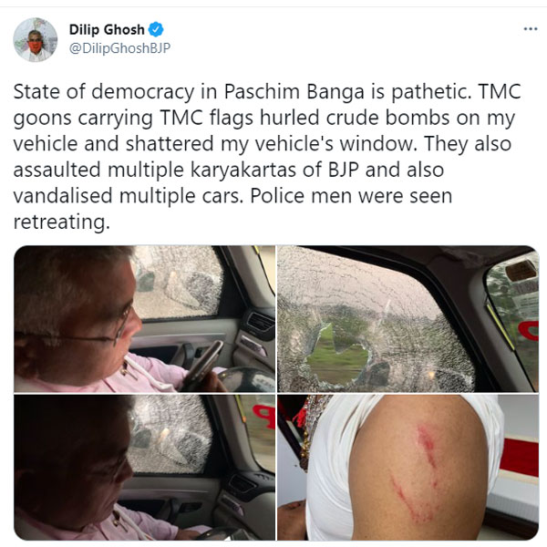 West Bengal BJP president Dilip Ghosh attacked with bricks and bombs in Cooch Behar 