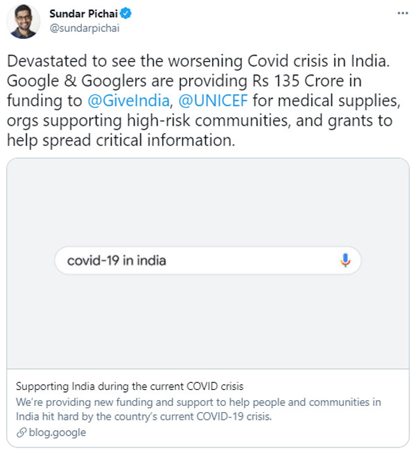 Covid crisis in India: Satya Nadella, Sundar Pichai Support Indias Covid Fight Covid crisis in India: Satya Nadella, Sundar Pichai Support Indias Covid Fight