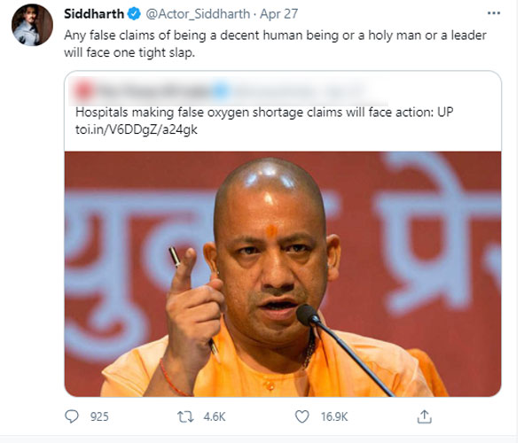 Actor Siddharth condemns false claims oxygen shortage 