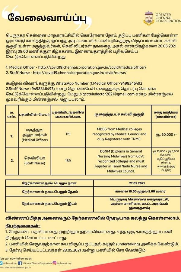 Immediate employment in Chennai Corporation: Call for doctors and nurses 