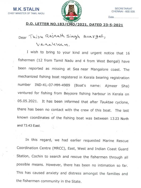 Cyclone Tauktae: TN CM MK Stalin writes to Defence Minister Rajnath Singh on missing 16 Fishermen Cyclone Tauktae: TN CM MK Stalin writes to Defence Minister Rajnath Singh on missing 16 Fishermen