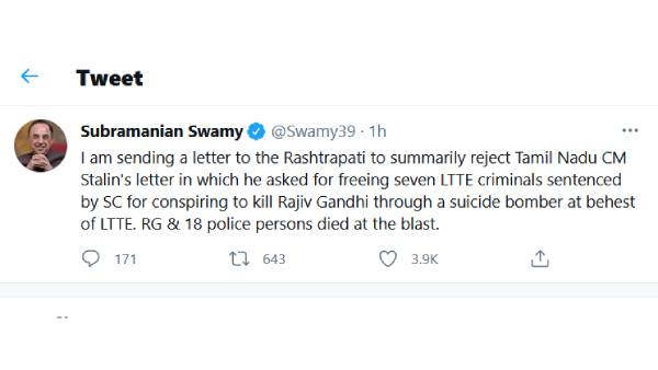 Subramanian Swamy opposing release of 7 Tamils in Rajiv Gandhi case 