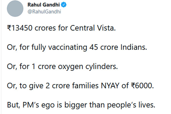Rahul Gandhi slams Central Vista scheme in Twitter