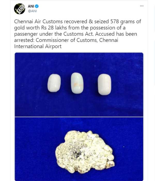 Chennai airport officials seized 578 grams gold worth rs 28 lakh