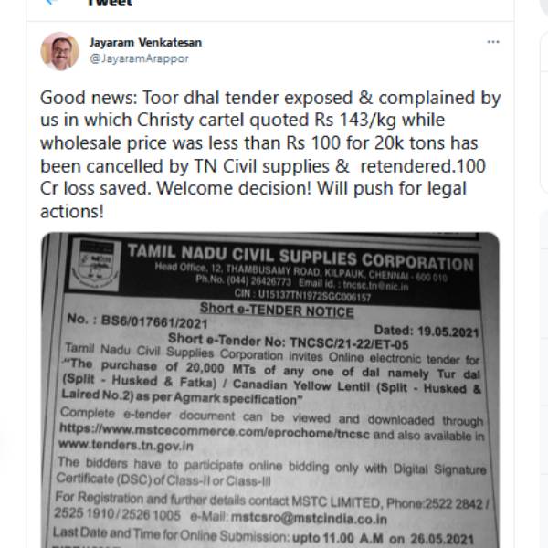 Tamilnadu govt cancels toor dhal tender for christy company