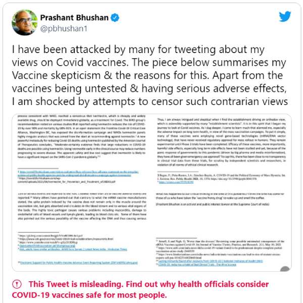  Activist Prashant Bhushans Tweet On Vaccines Gets Misleading Flag On Twitter