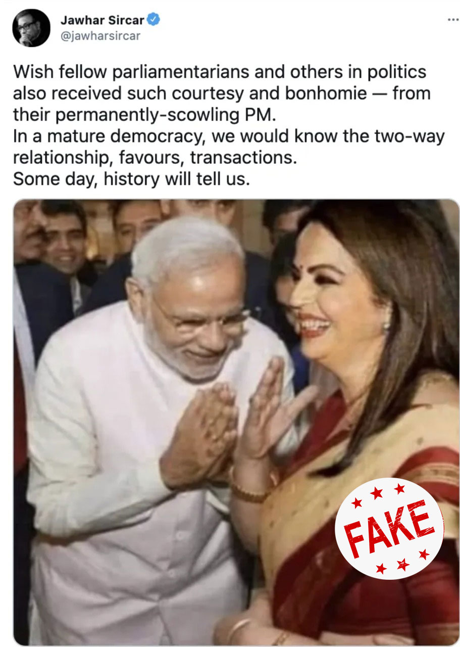 Fact Check: Former Prasar Bharti CEO shares morphed image of PM Modi bowing before Nita Ambani 