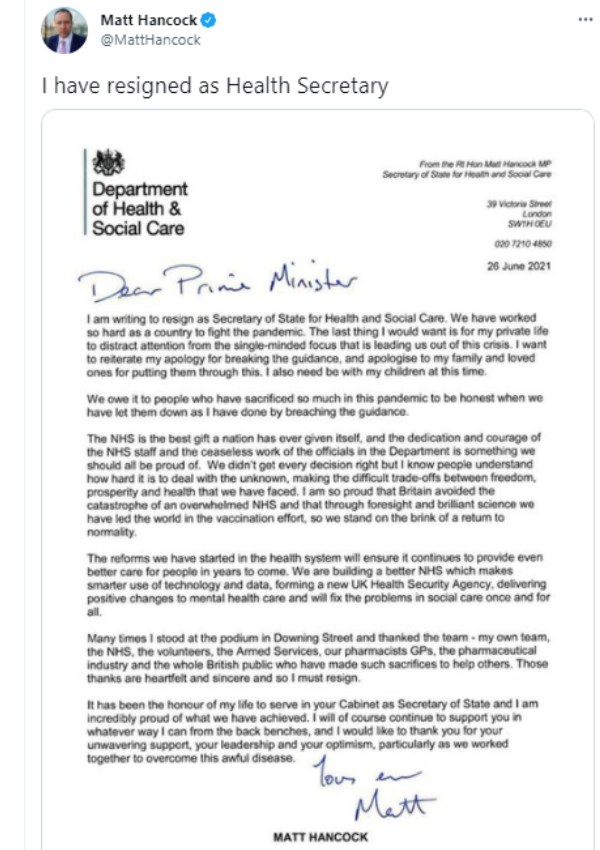 மாட் ஹன்காக் ராஜினாமா 