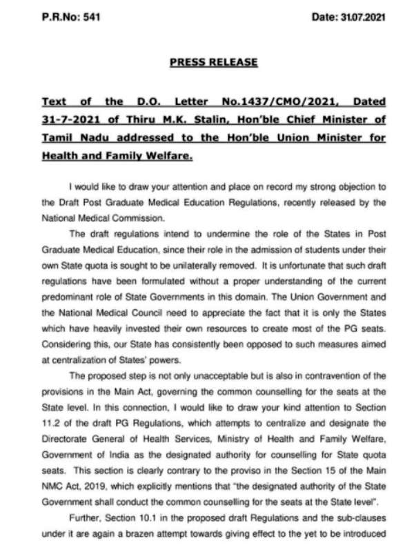 Tamilnadu CM Stalin wrote a letter to the Union health minister opposing the postgraduate medical education draft