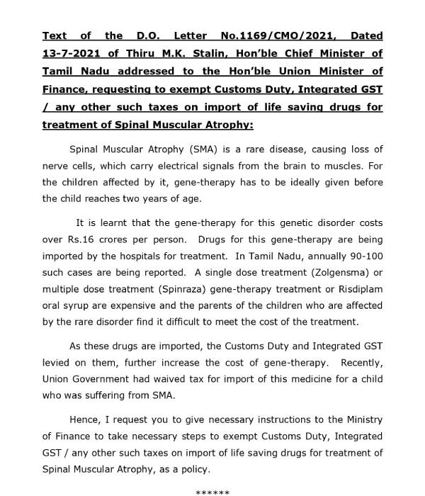 GST exemption for life-saving drugs - Chief Ministers letter to Nirmala Sitharaman 