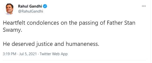 Rahul Gandhi expresses his condolence for Stan Swamy death 