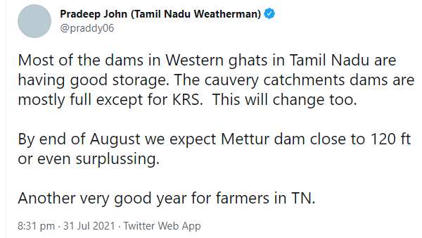 Most of the dams in Western ghats in Tamil Nadu are having good storage says Tamil Nadu Weatherman Pradeep John 
