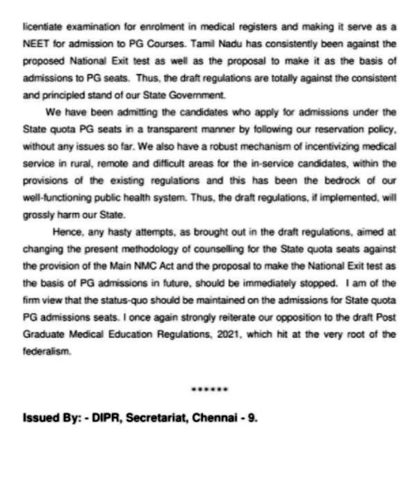 Tamilnadu CM Stalin wrote a letter to the Union health minister opposing the postgraduate medical education draft