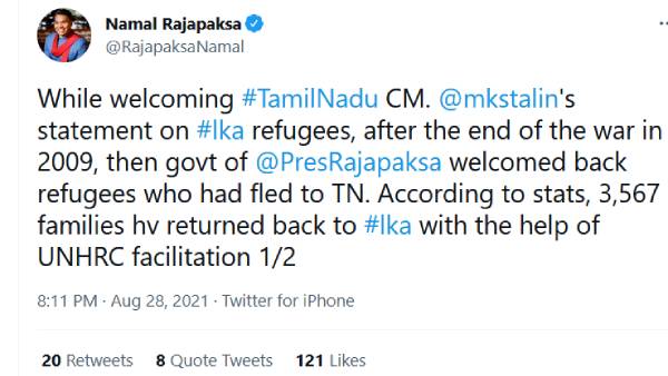  Namal Rajapaksa welcomes TN CM MK Stalins announcments on Eelam Tamils