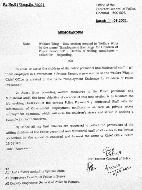 TN: New employment exchanged created for cops kin by Police Welfare Wing 