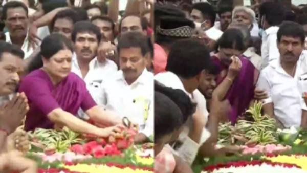 சமாதியில் சாய்ந்த சசிகலா 