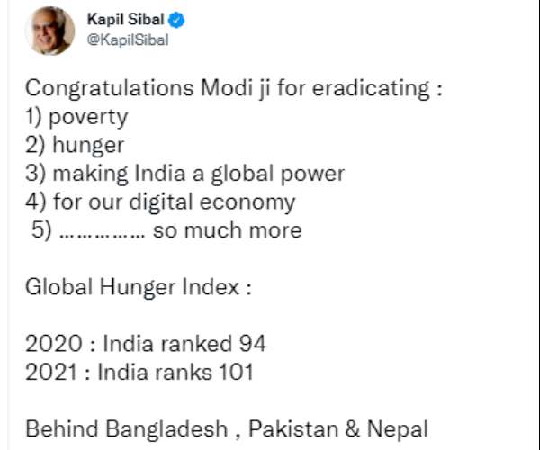  Kapil Sibal tweets Congratulations Modi Ji on Hunger Index