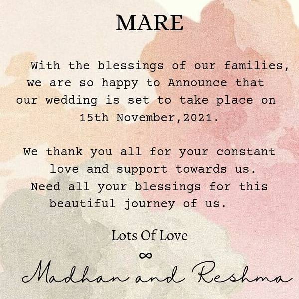 திருமண நாளை அறிவித்த ரேஷ்மா 