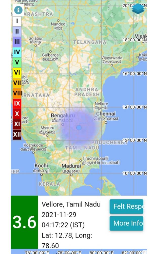 Earthquake of Magnitude 3.6, Occurred in Vellore, Tamil Nadu 