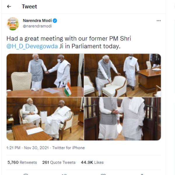 Former Prime Minister Devegowda met Prime Minister Narendra Modi Former Prime Minister Devegowda met Prime Minister Narendra Modi