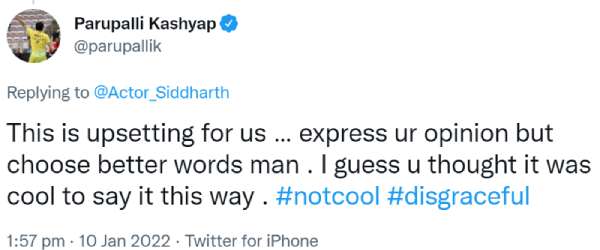 சாய்னாவின் கணவர் கண்டனம் 